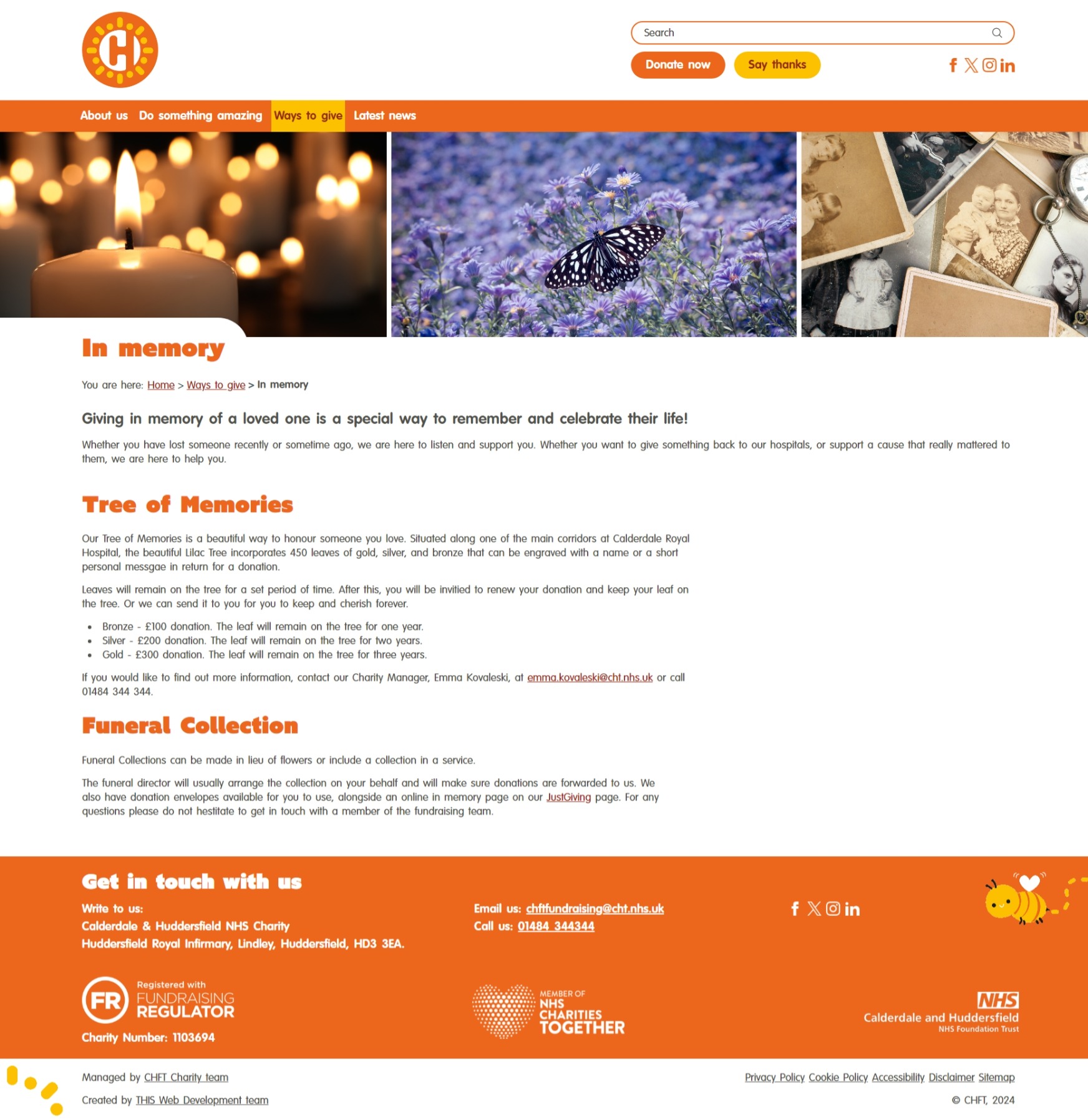 CHFT Charity's In memory page.