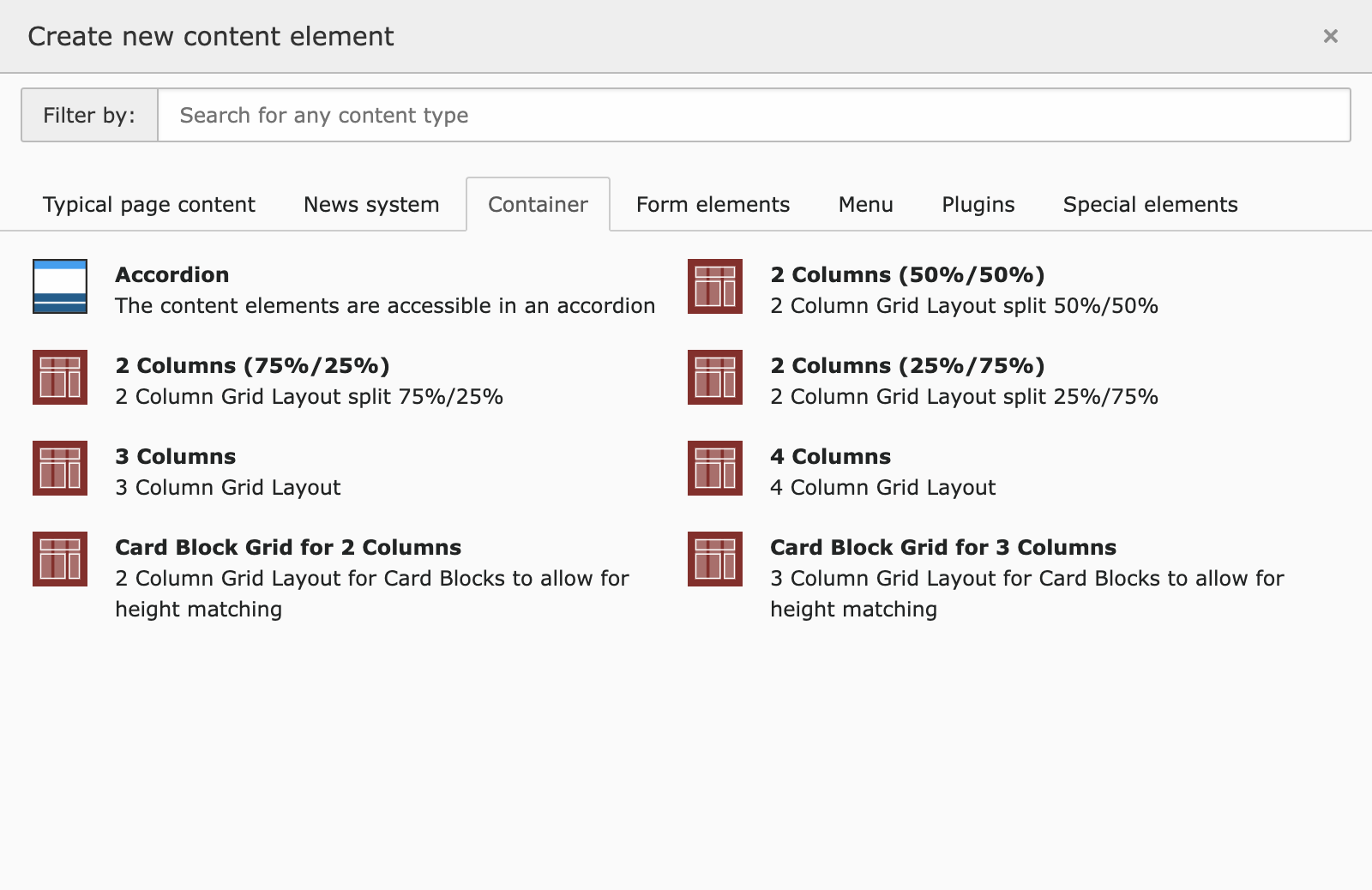Screenshot showing TYPO3's Create new content element pop-up.