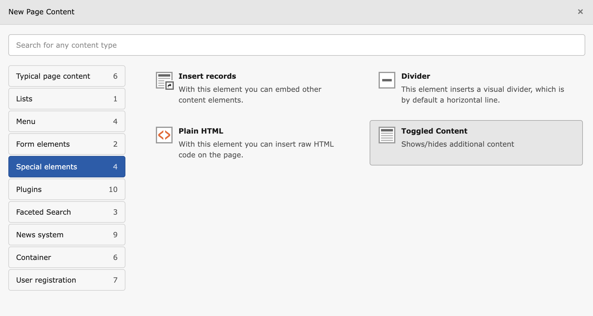 Screenshot of TYPO3's New Content Wizard showing Toggled Content