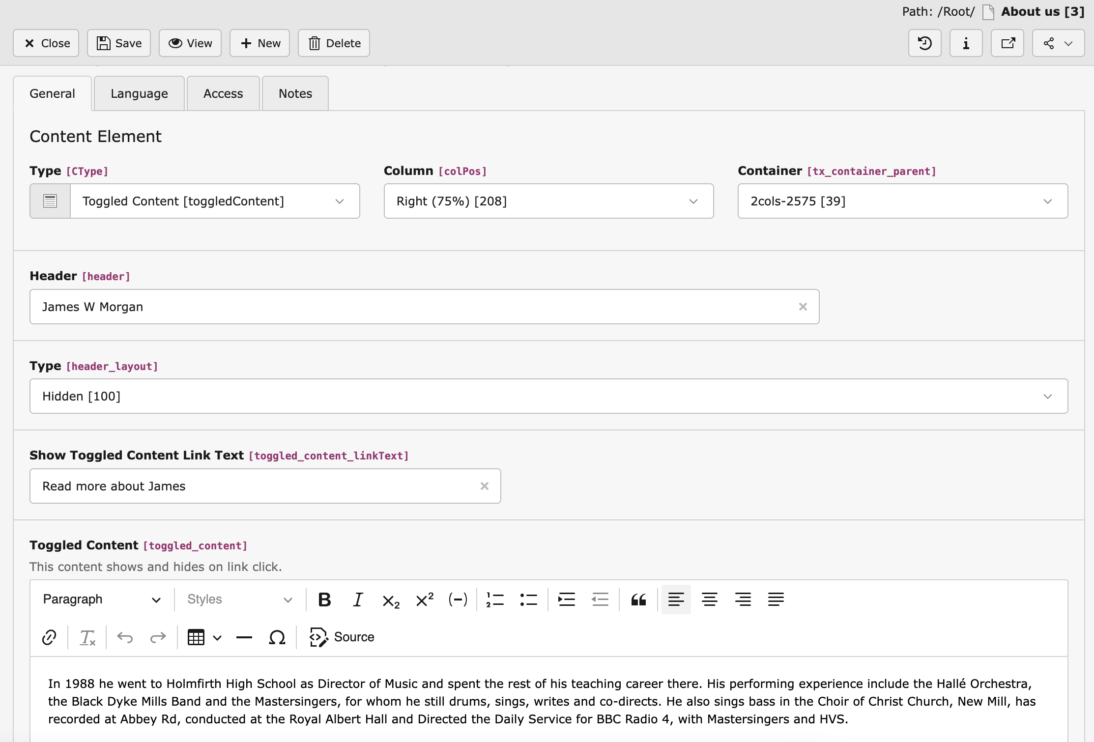 Screenshot of the fields editors fill out when creating a Toggled Content element