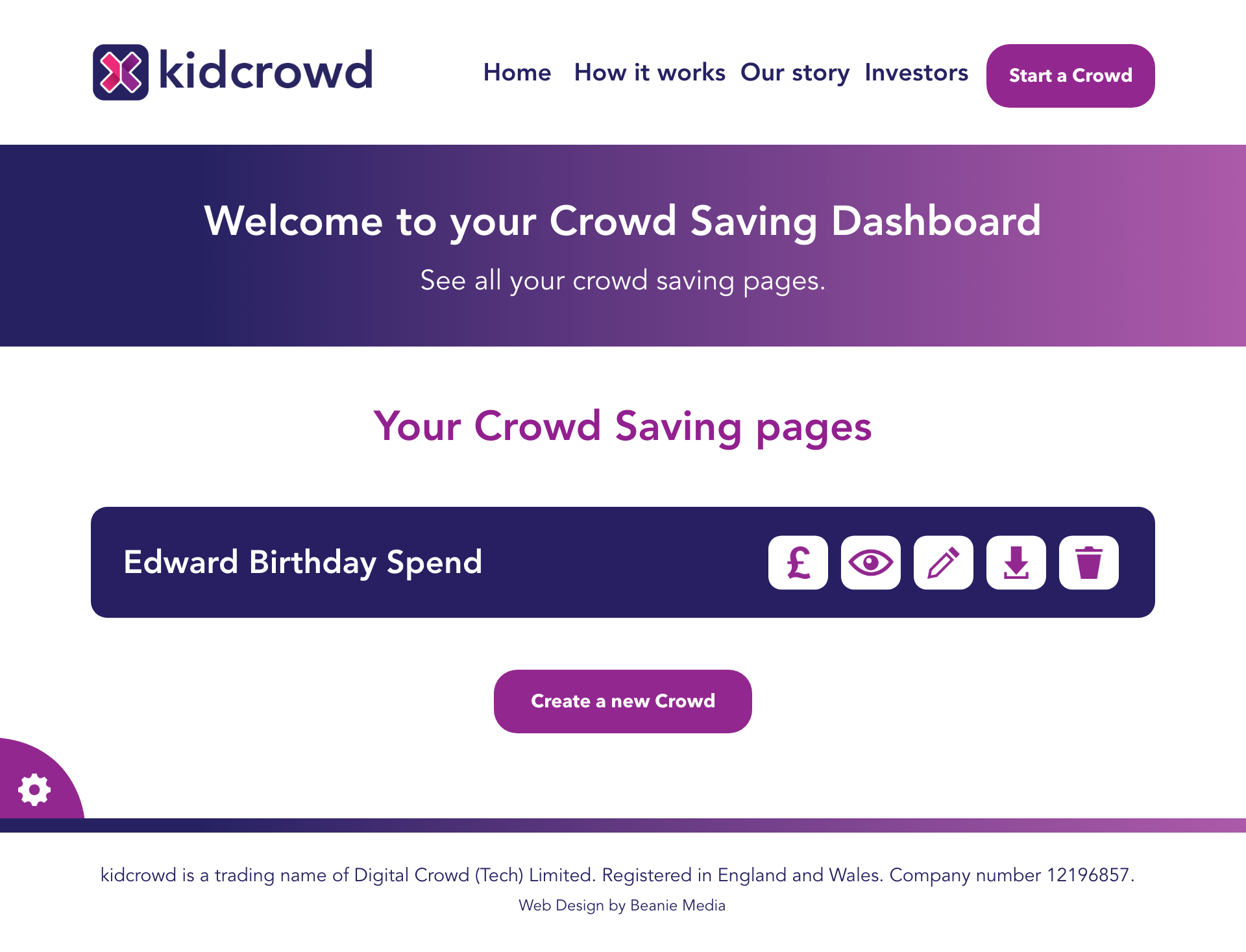 Desktop mockup of kidcrowd's Dashboard.