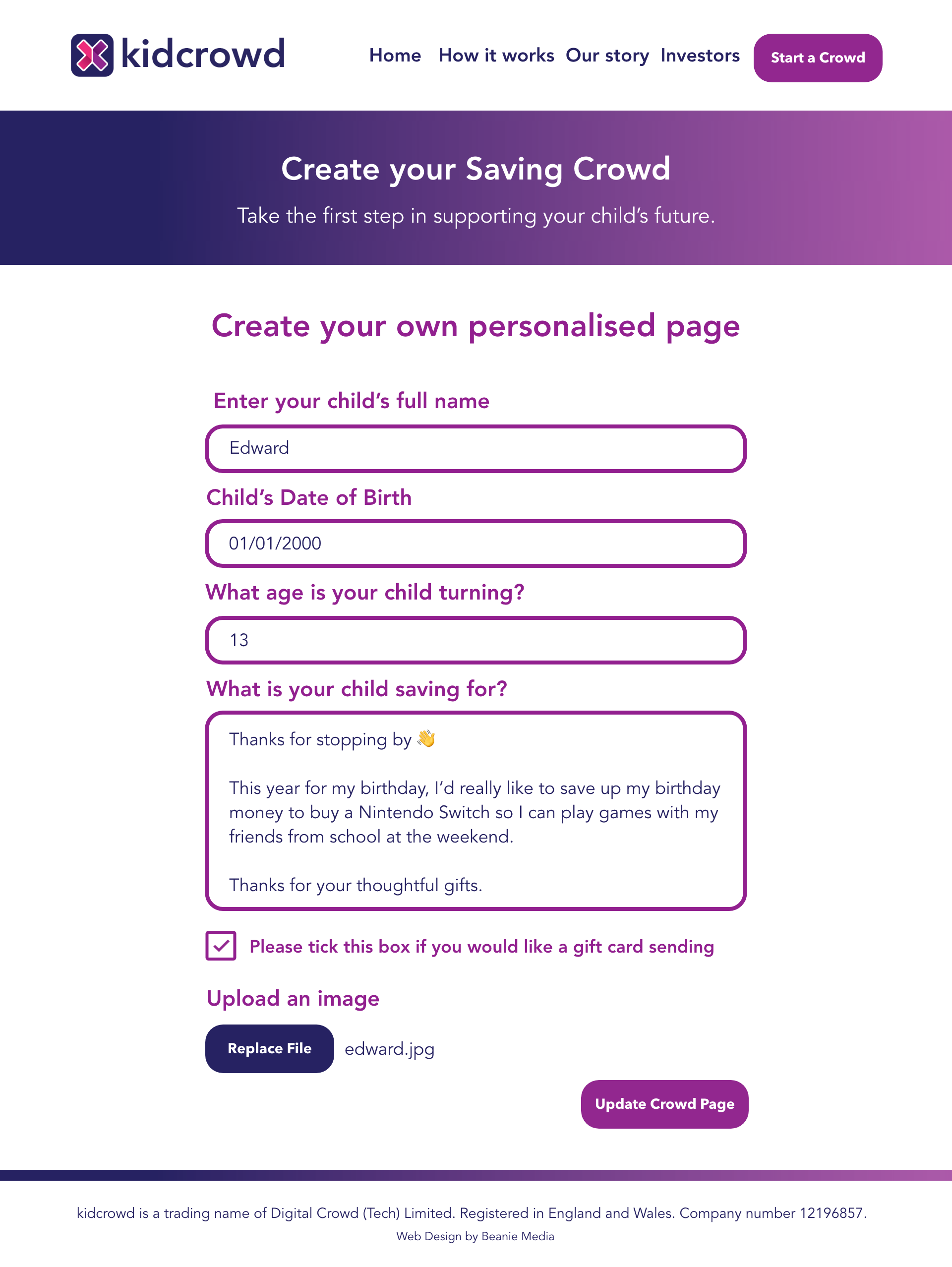 Desktop mockup of kidcrowd's Create your Saving Crowd page.