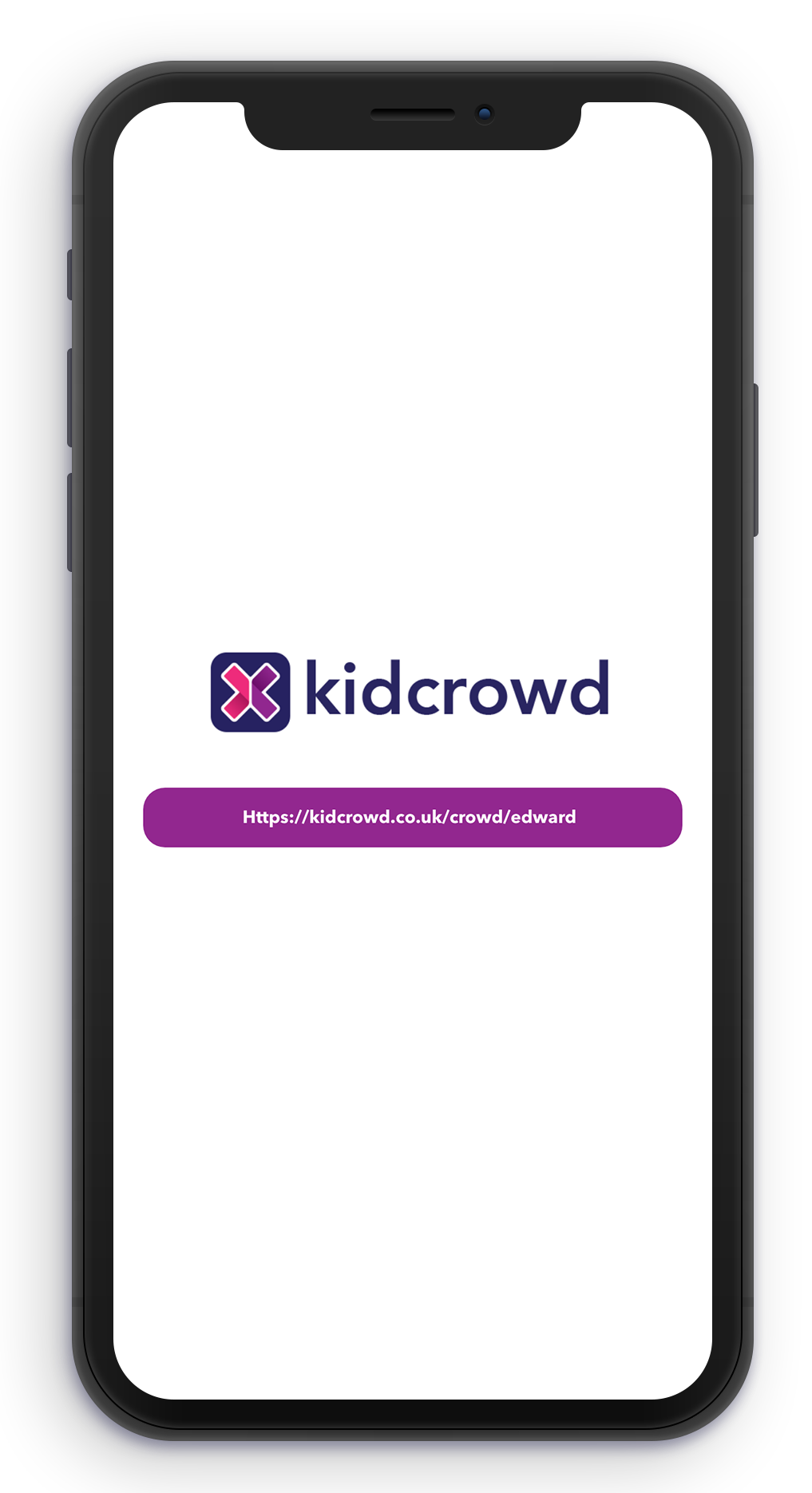 Mobile mockup of kidcrowd's Splash screen inside a phone screen.