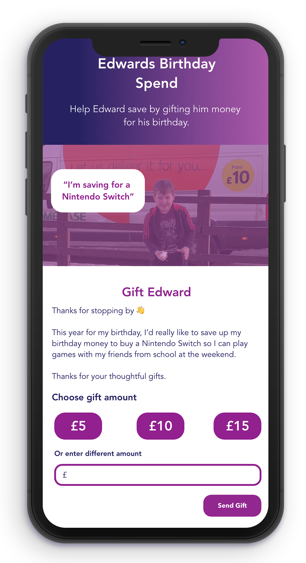 Mobile mockup of kidcrowd's Edwards Birthday Spend page inside a phone screen.