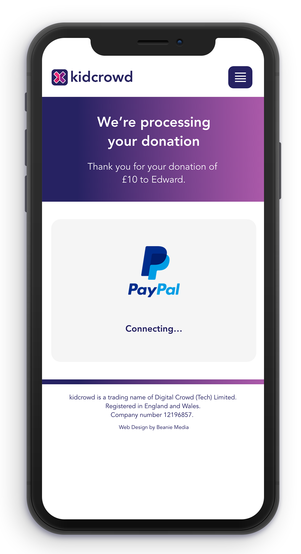 Mobile mockup of kidcrowd's We're processing your donation page inside a phone screen.