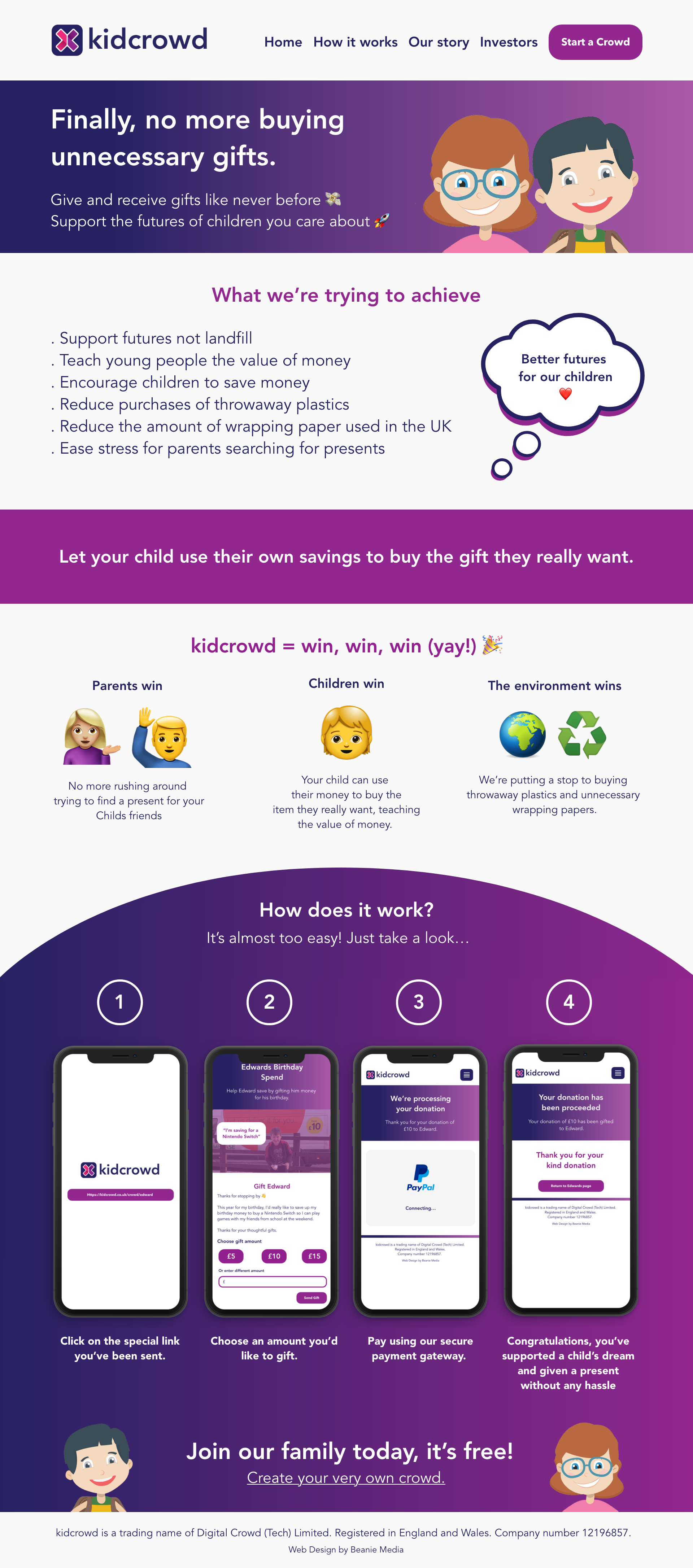 Desktop mockup of kidcrowd's Home page.