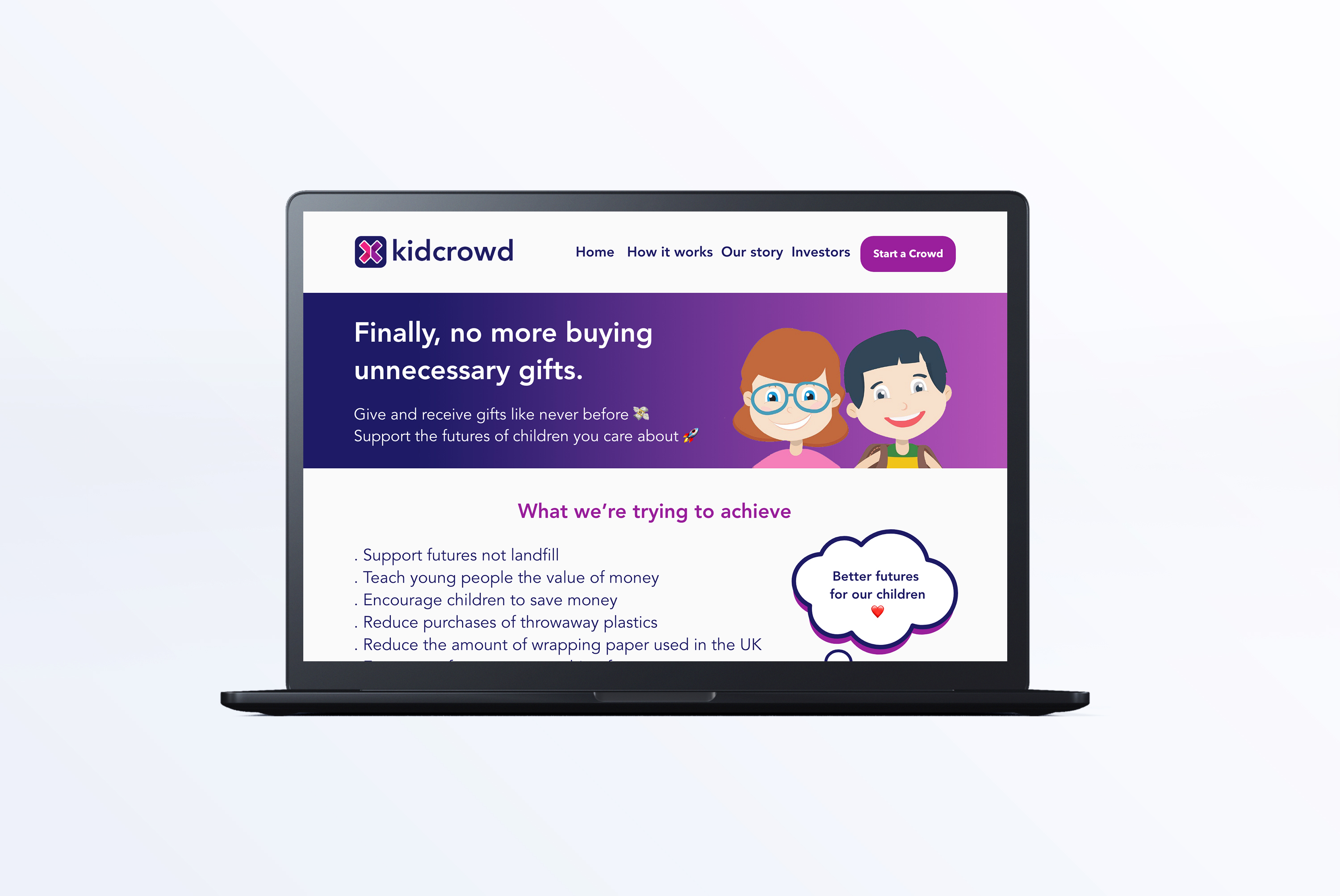 Desktop mockup of the kidcrowd home page inside a laptop screen.