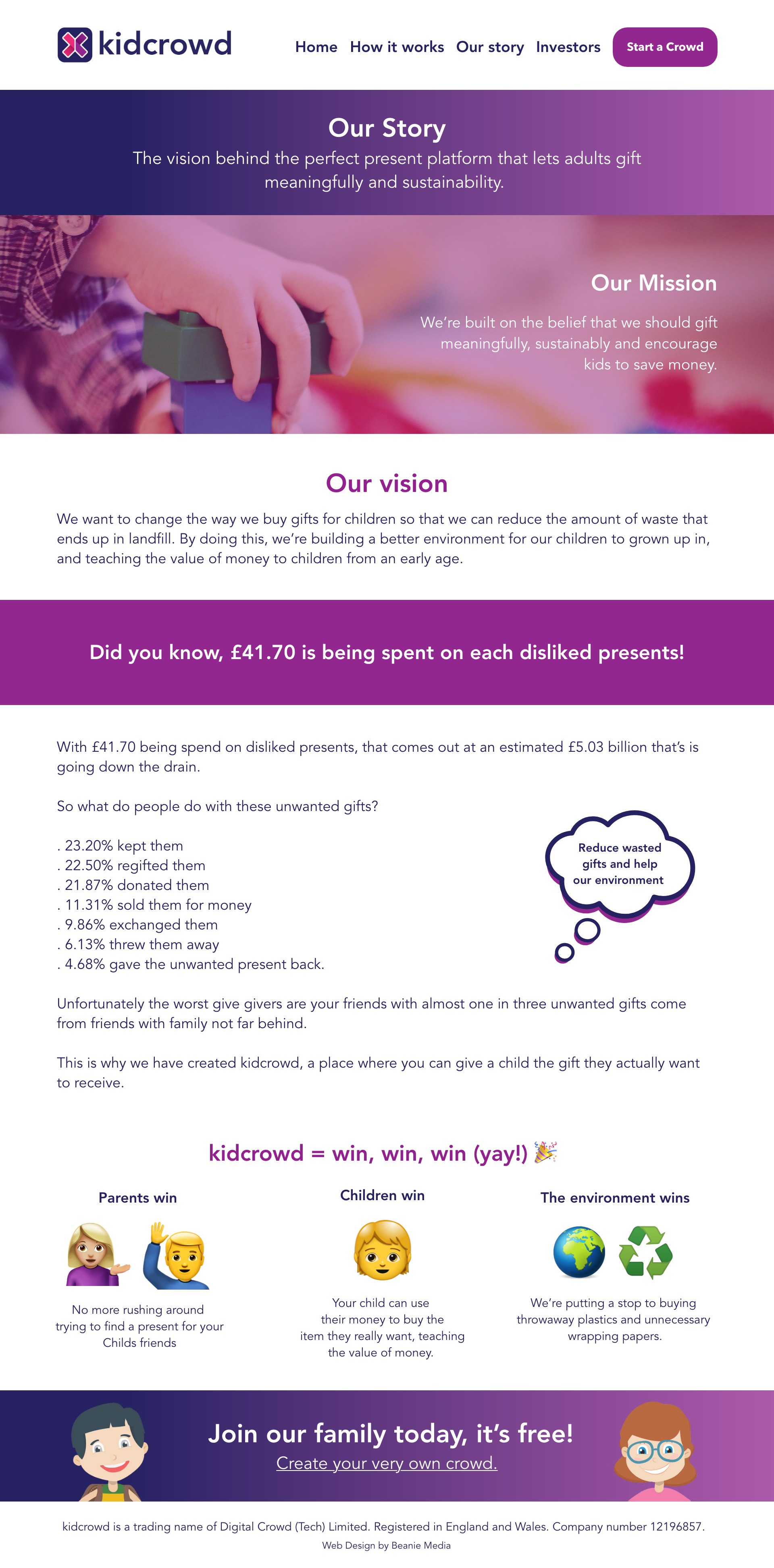 Desktop mockup of kidcrowd's Our Story page.