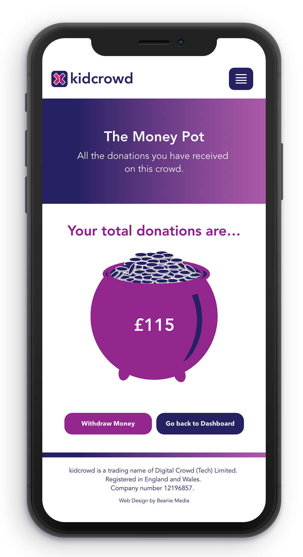 Mobile mockup of kidcrowd's The Money Pot page inside a phone screen.