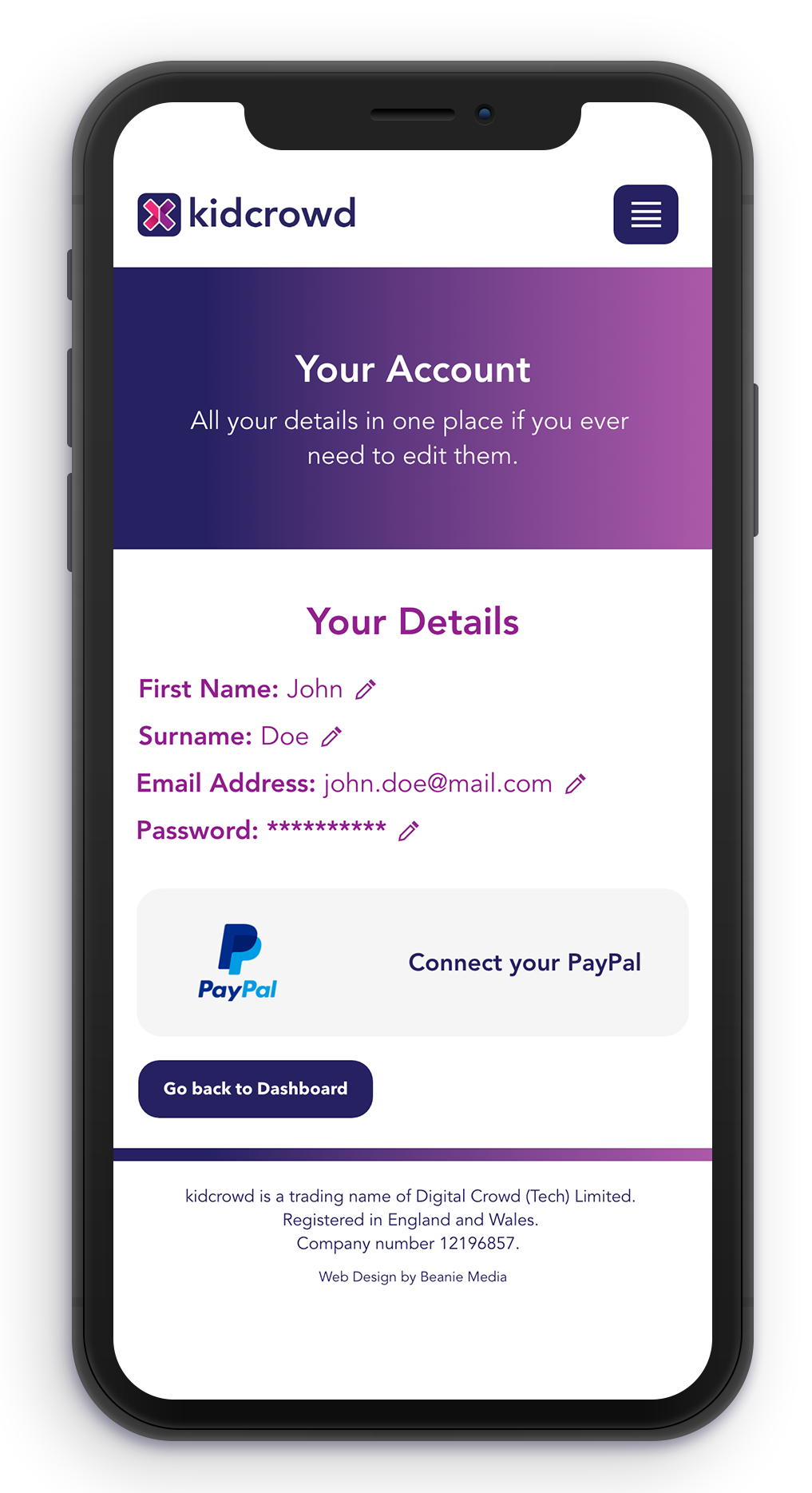 Mobile mockup of kidcrowd's Your Account page inside a phone screen.