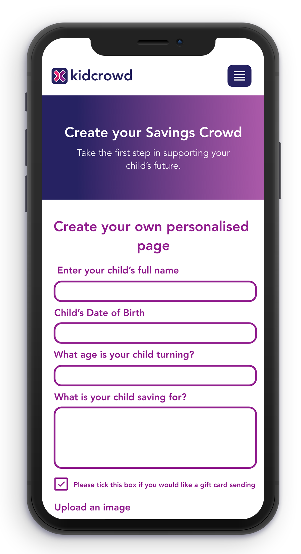 Mobile mockup of kidcrowd's Create your Savings Crowd page inside a phone screen.