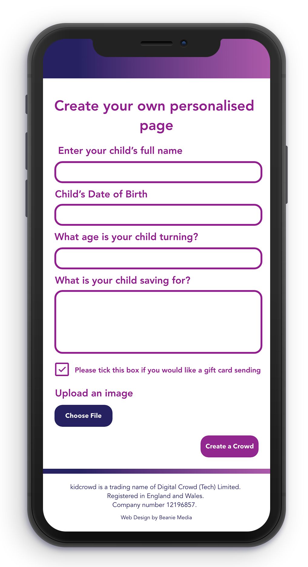Mobile mockup of kidcrowd's Create your own personalised page inside a phone screen.