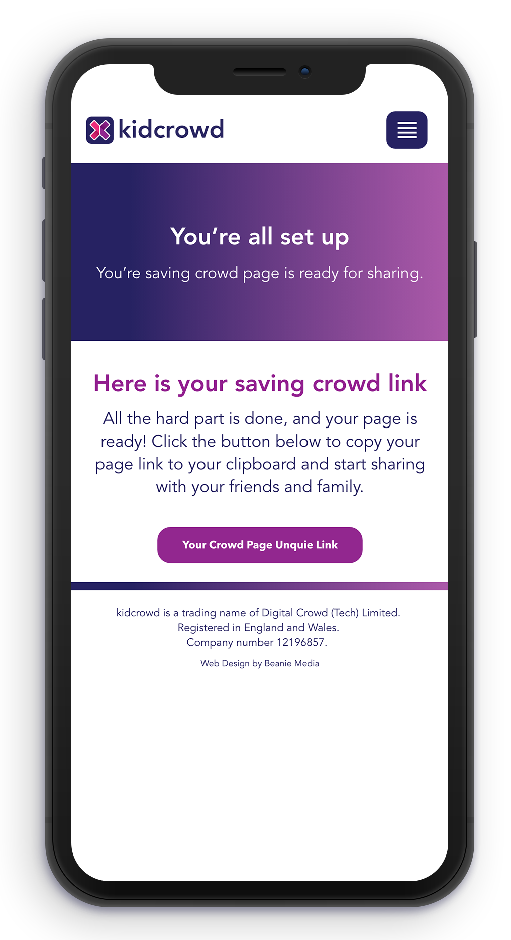 Mobile mockup of kidcrowd's You're all set up page inside a phone screen.