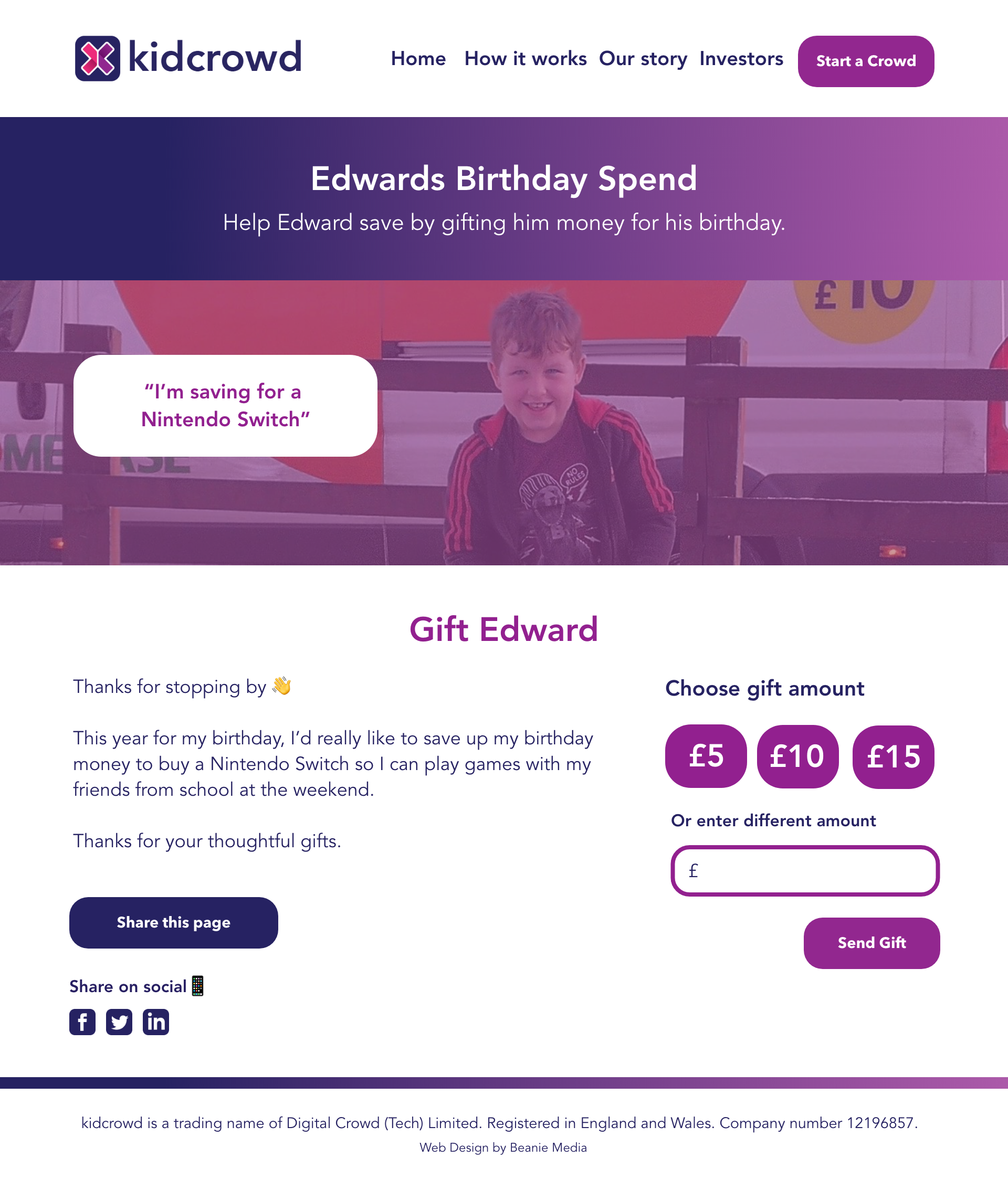 Desktop mockup of kidcrowd's Edwards Birthday Spend page inside the dashboard.