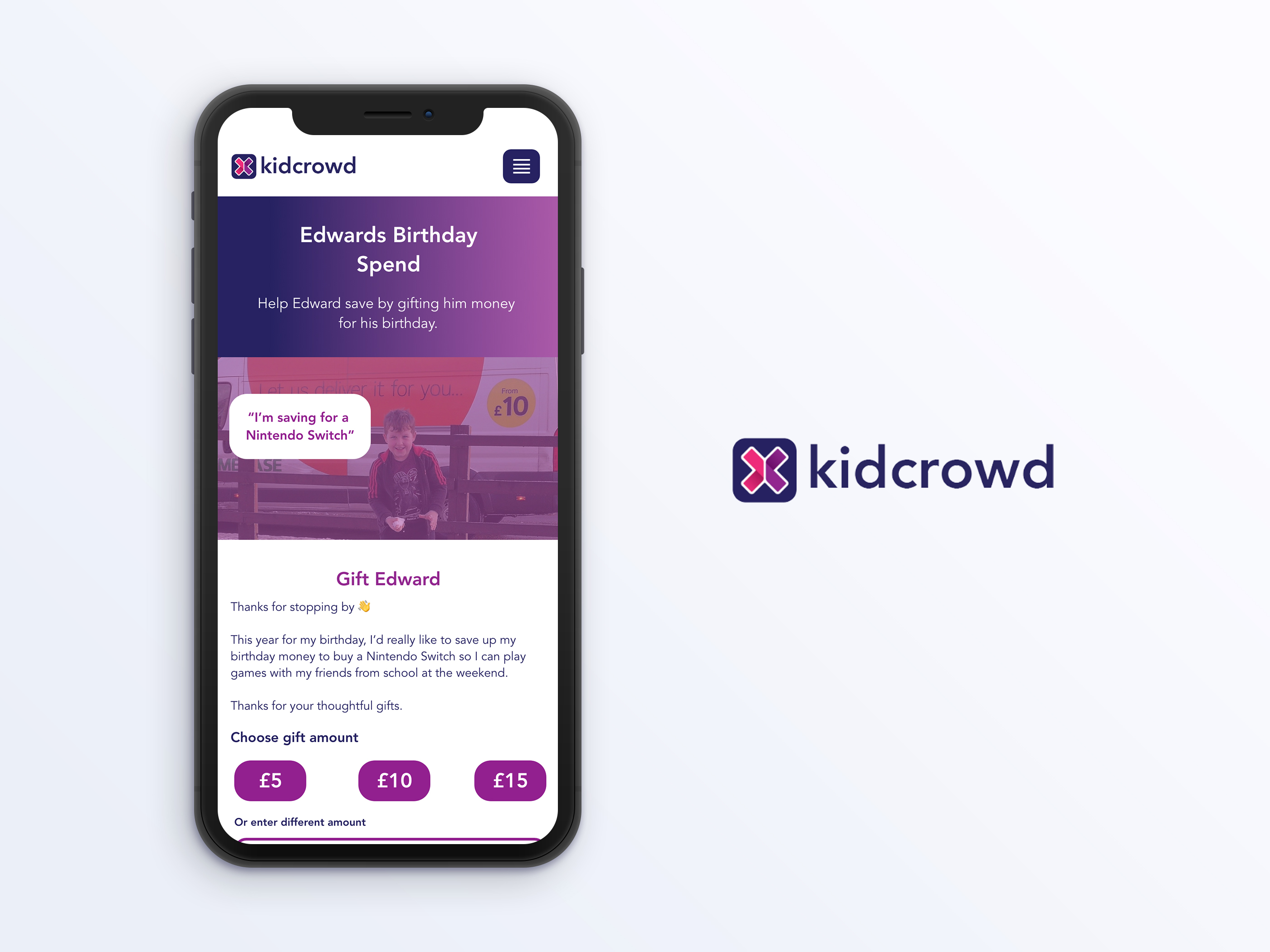 Mobile mockup of kidcrowd's Edwards Birthday Spend page inside a phone screen.