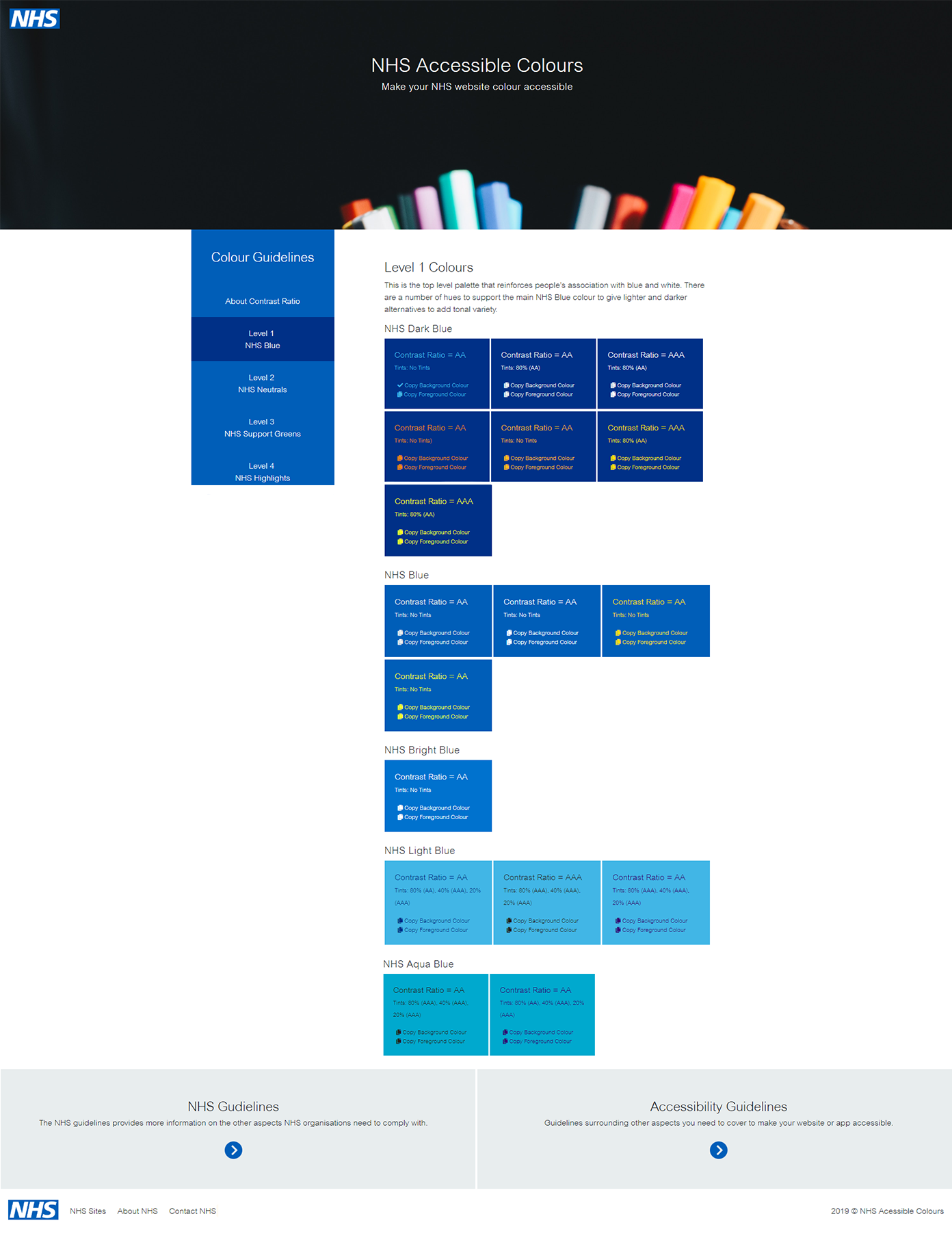 Design mockup of the Level 1 Colours page.
