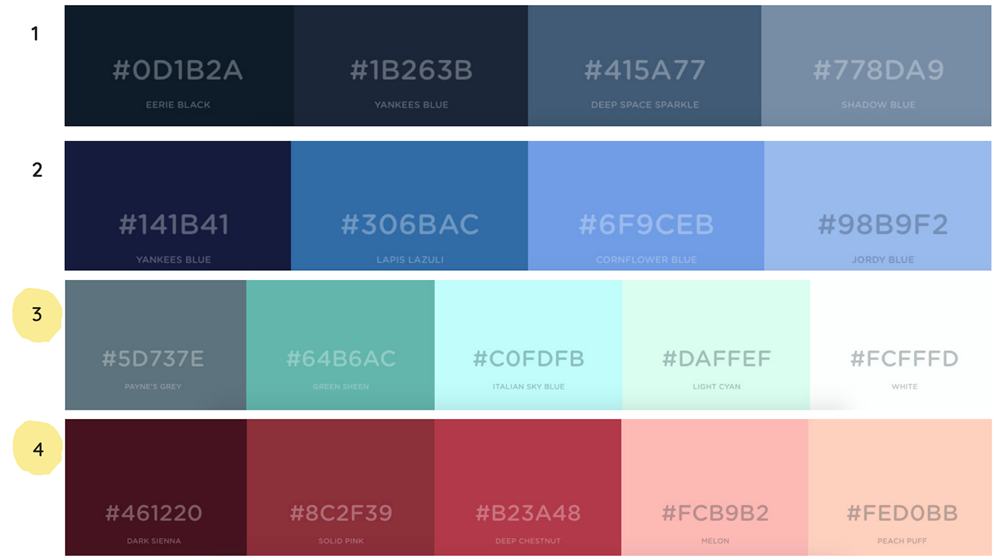 4 colour palettes, highlighting 3 and 4.