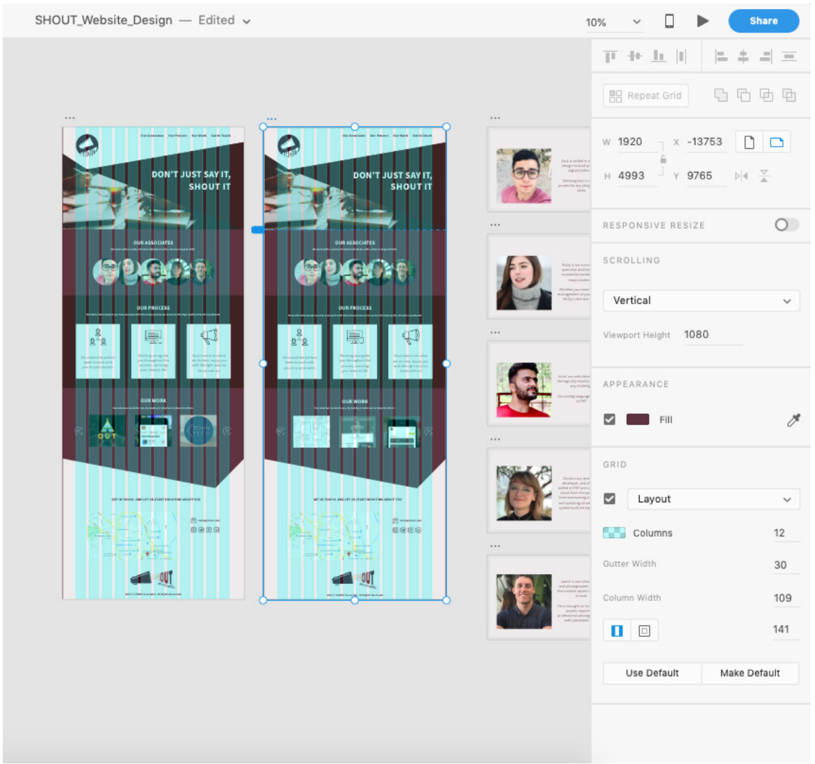 SHOUT website design in Adobe XD showing the Grid.