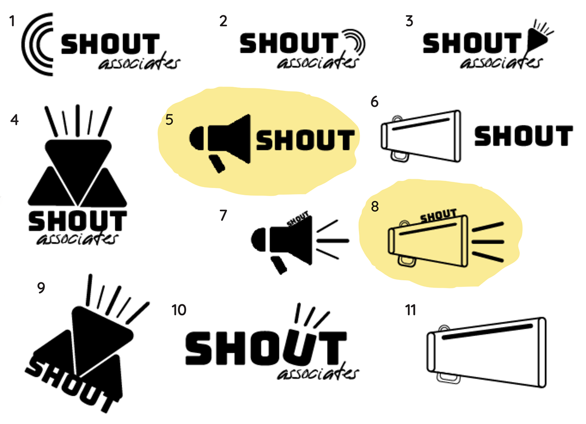 Digital designs of the SHOUT logo concepts highlighting 5 and 8.