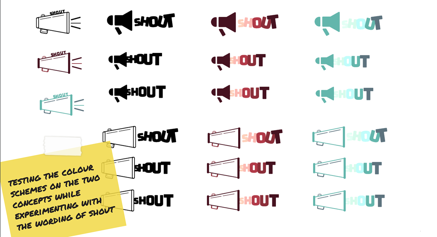 Digital designs of the SHOUT logo testing the two colour palettes.