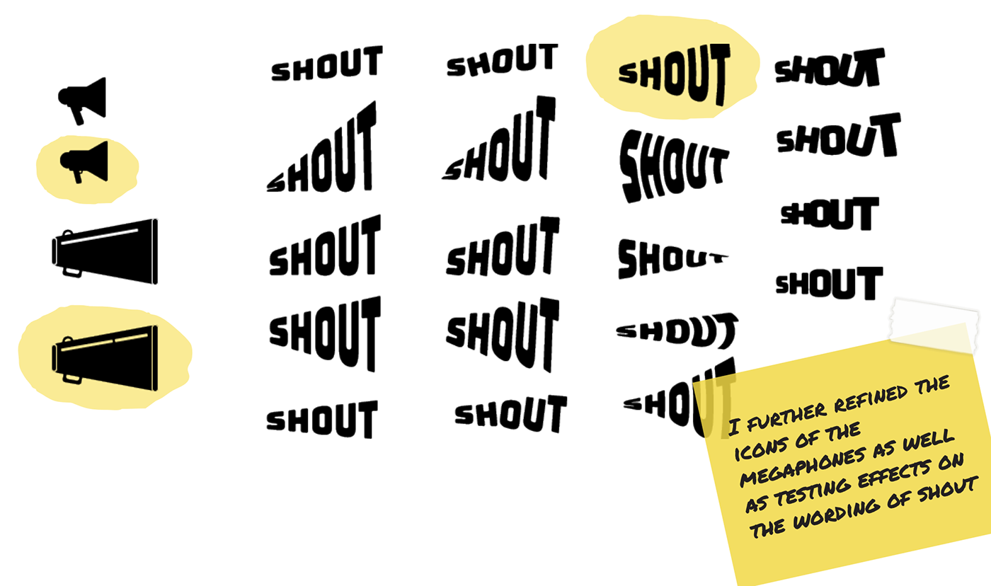Digital designs showing the refinement of the megaphone icon and typography.