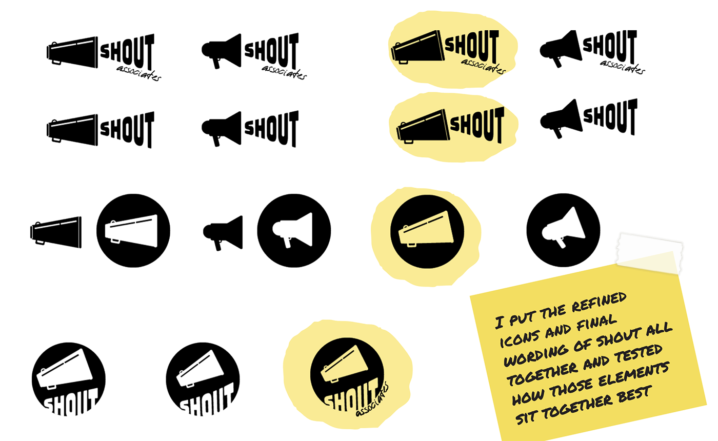 Digital designs of the SHOUT logo.