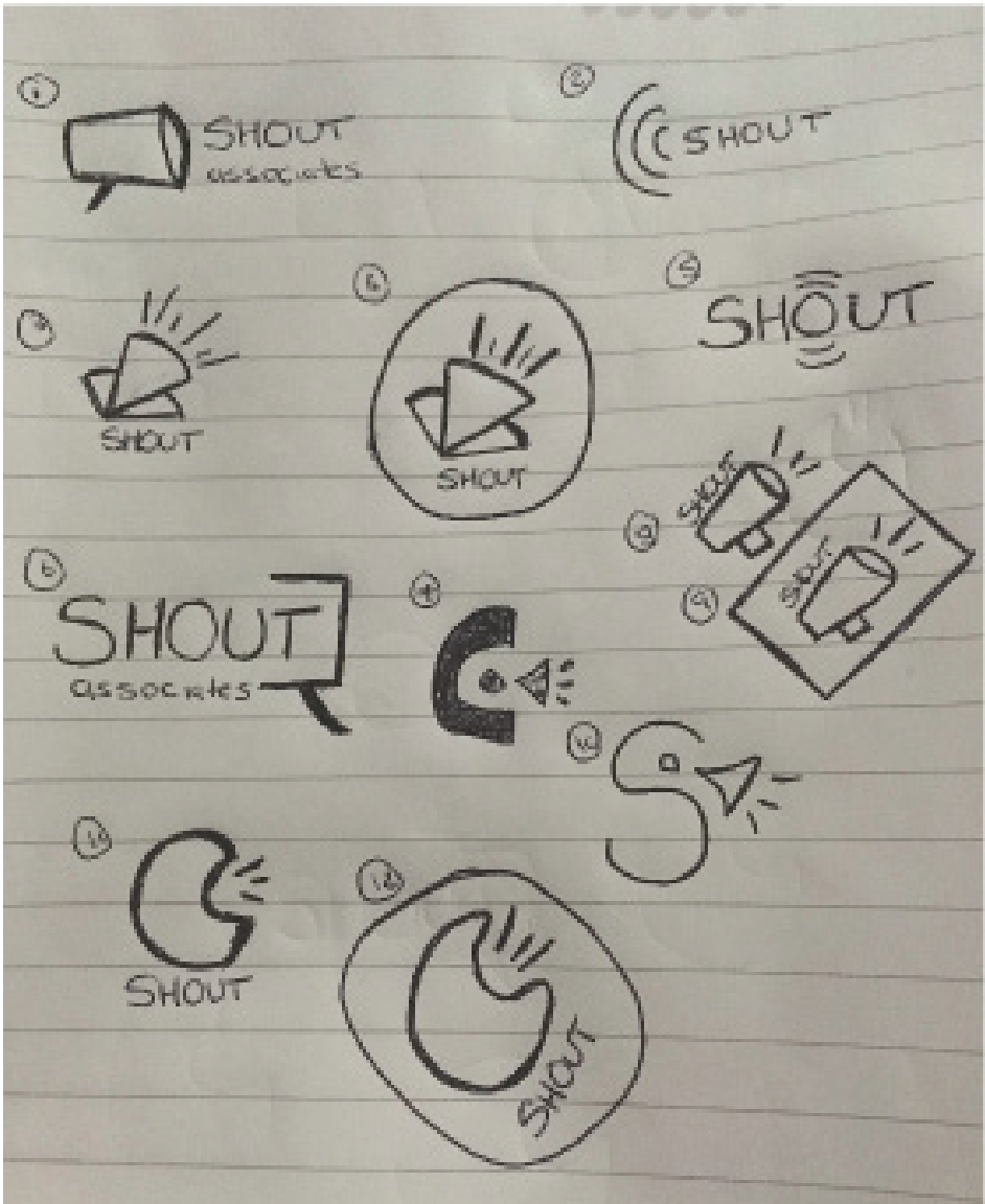 Hand drawn sketches of the SHOUT logo (page 1)