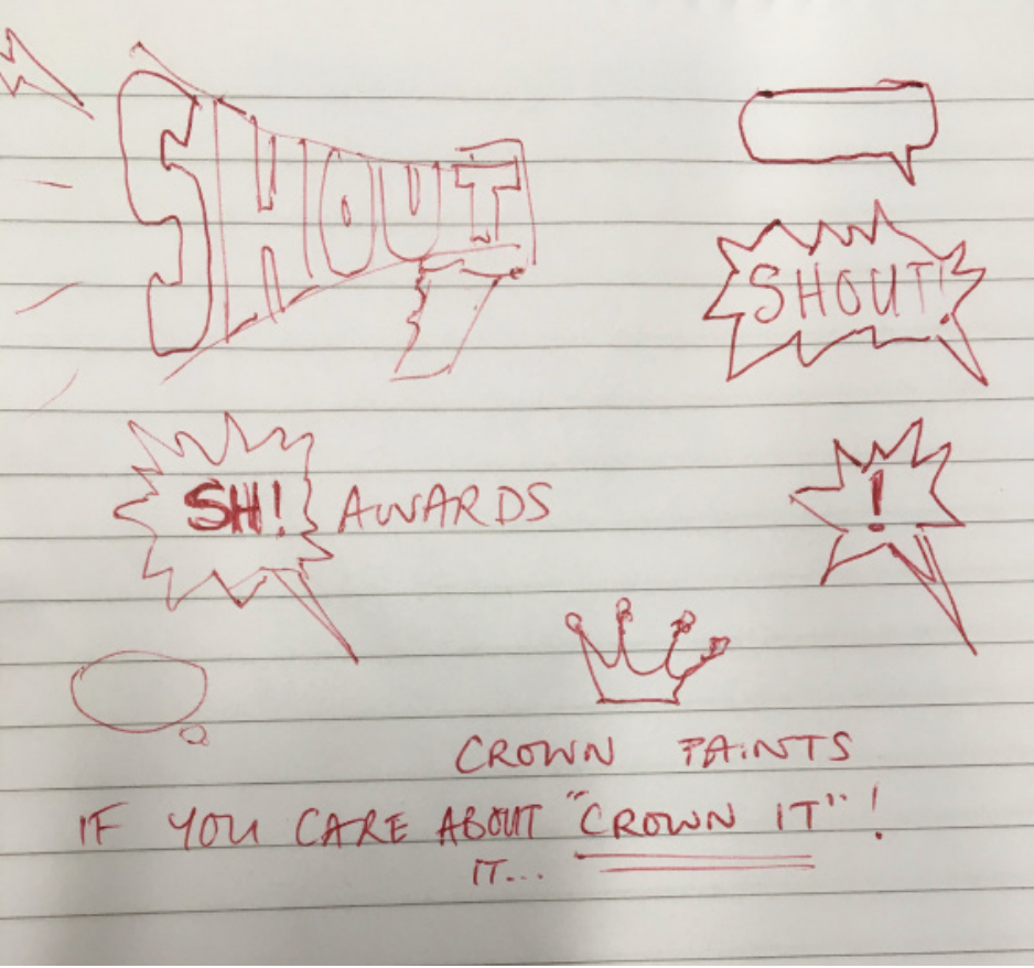 Hand drawn sketches of the SHOUT logo (page 2)