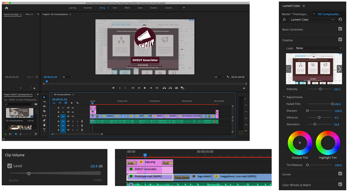 Screenshot of Adobe Premiere Pro showing the editing of the SHOUT showcase video.